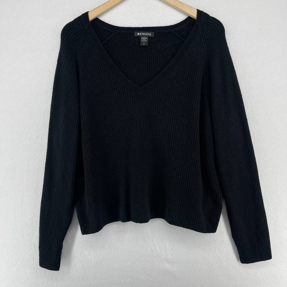Suéter ATHLETA L Algodón Cachemira Cuello en V Acanalado Pullover Jersey Negro Foto 2 de 4