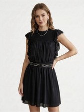 MICHAEL Michael Kors Black Solid Chiffon Smocked Ruffle Studded Dress M