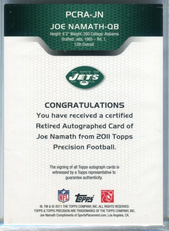 Joe Namath NEW YORK JETS 2011 Topps Precision Autograph RED #10/25 Auto - Image 2 of 2