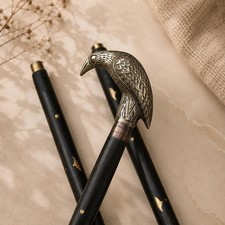 Vintage Black Wooden Walking Stick with Antique Silver , Handle, Folding Cane