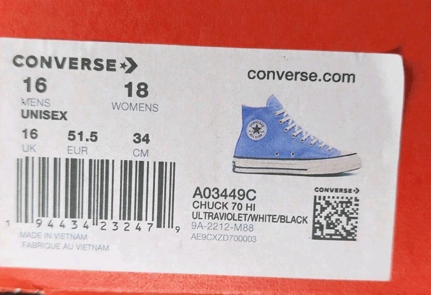 Men Sz 16 Converse Chuck Taylor All Star 70 Hi Ultraviolet  display picture 2