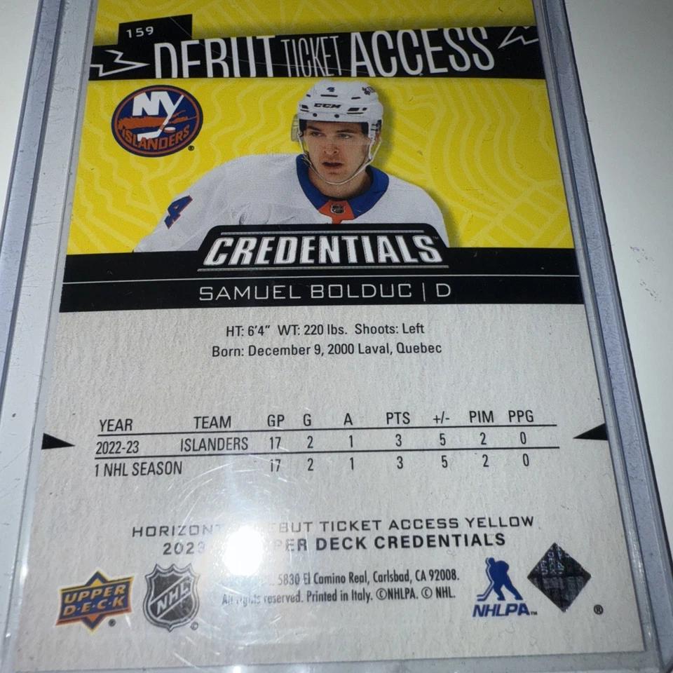 Samuel Bolduc 2023-24 UD Credentials 159 Debut Ticket Access - Horizontal Yellow - Image 3 of 3
