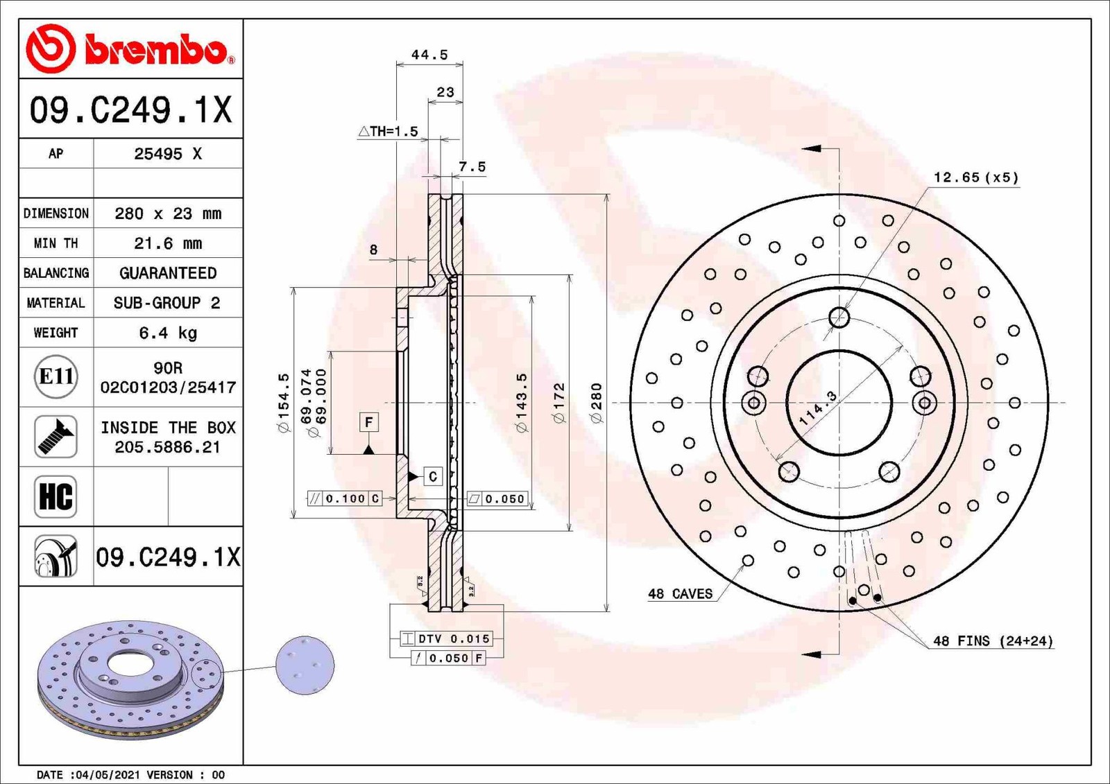 Disque de frein BREMBO perforé 09.C249.1X ventilé pour HYUNDAI KIA, pack de 2