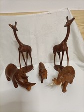 Vintage Statuette Legno Africa anni '60 - Elefante/Rinoceronte/2 Giraffe/Leone.