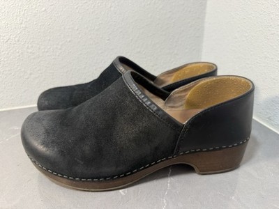 Dansko Brenna Clogs Womens 39 Black Burnished Suede Comfort Wood Nursing Shoes
