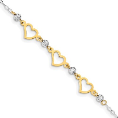 14K Bicolor Gold Oval Link Diamantschliff Perlen und Herz Armband 7,5'' für Mama