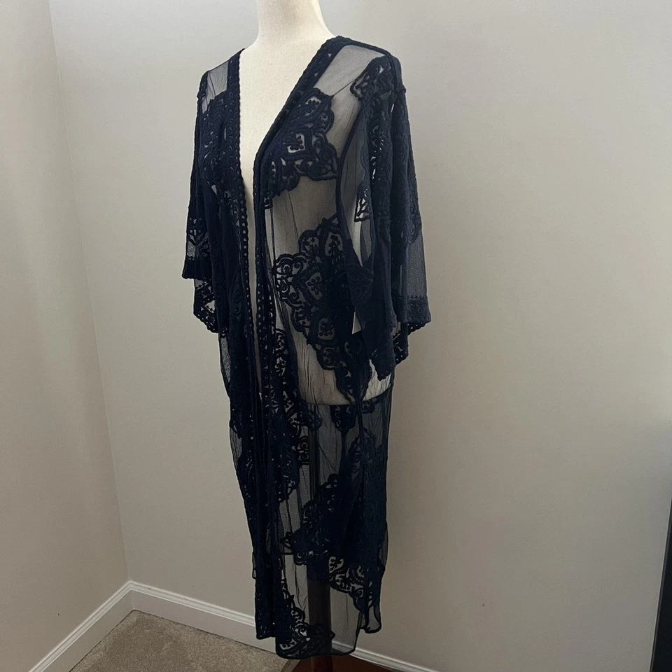 刺绣和服掸子女式 L XL 蕾丝透明异想天开 Fairycore 波西米亚 — 第 3/4 张图片