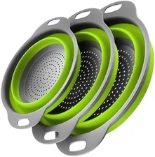 Basket Collapsible Colander Round Silicone Kitchen Strainer (3 Pack - Green)