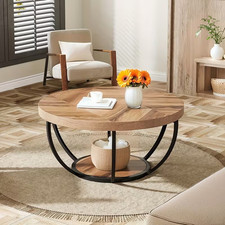Wooden Round Coffee Table, Rustic 2-Tier Wooden Center Table w/ Storage Shelves