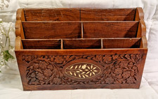 VINTAGE INDIAN Wooden LETTER RACK or DESK TIDY -  Carved FLOWERS - 12"