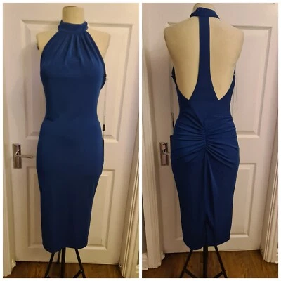 D) Pia Michi königsblau geraffter Rücken Racer Neckholder hochgeschlossen Kleid Gr. 10 (neu mit Etikett)  - Bild 1 von 4