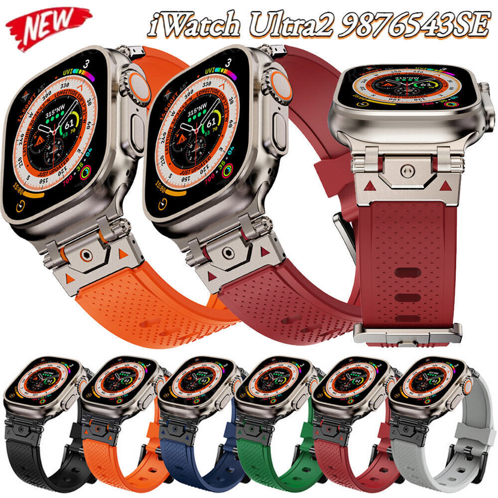 For Apple Watch Ultra 2 49mm 9/8/SE/7/6/5/4 Silicone Band Metal Connector Strap