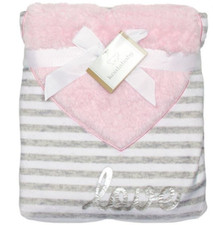 HTF NWT Koala Baby Pink Heart Grey And White Stripes Love Velour Sherpa Blanket