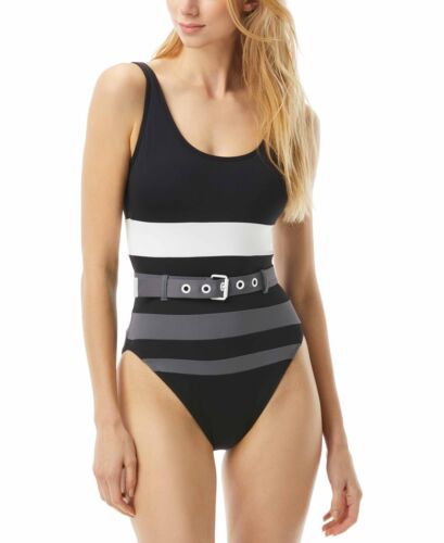 MSRP $130 Michael Kors Striped Belted One-Piece Swimsuit Womens Black Size 6 - Picture 1 of 1