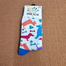 Sock Star Unisex Dog Crew Length Medium White Blue terrier dachshund U9a