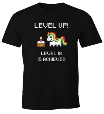 Herren T-Shirt Geburtstag Level Up Pixel-Einhorn Torte Retro Gamer Pixelgrafik