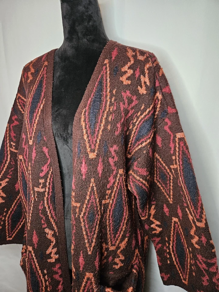 Willow & Clay Jacquard Long Cardigan Burgundy Aztec Southwestern Tribal Sweater - Image 4 of 4