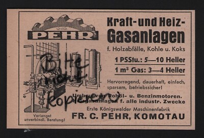 KOMOTAU, Werbung 1939, Fr. C. Pehr Kraft-Heiz-Gas-Anlagen