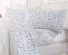 Navy Blue White Anchors Nautical Coastal 4 pc Sheet Set Twin Full Queen King Bed
