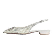 Women Kitten Heel Mesh Rhinestone Beaded Slingback Sandals Pointed Toe Pump Shoe