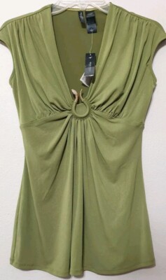 Bisou Bisou Snake Embellish Green Top XS Bling Rhinestone Jewel Plunge Sexy Y2K 