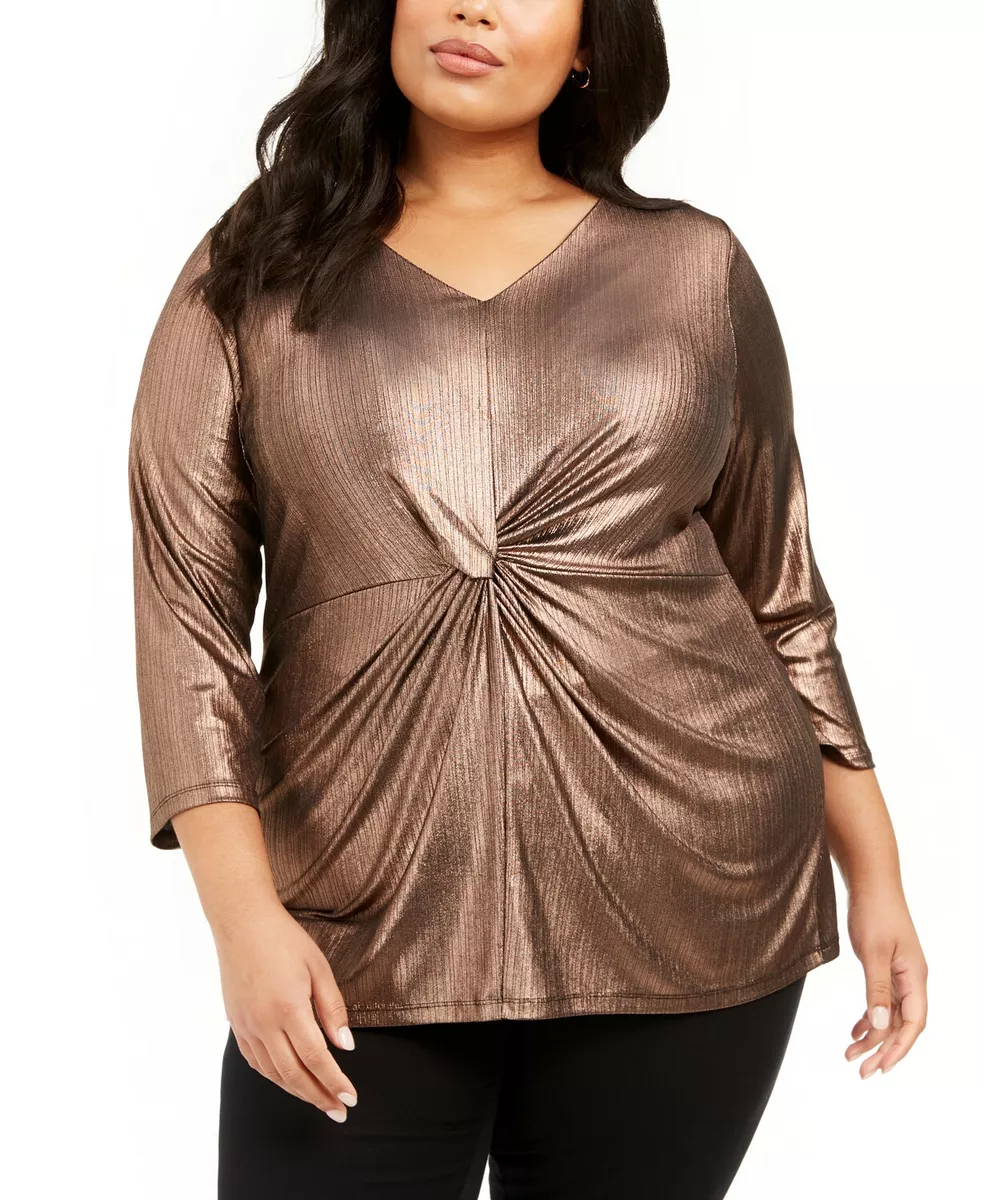 Alfani Women's Plus Size Metallic Twist Front Top Gold Size 3X