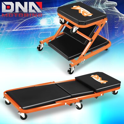 DNA Motoring TOOLS-00192 48 2 in 1 Folding Rolling Garage Shop Creeper Roller Seat, 7 Pcs 2 Casters, 350 lbs Weight Capacity, Red