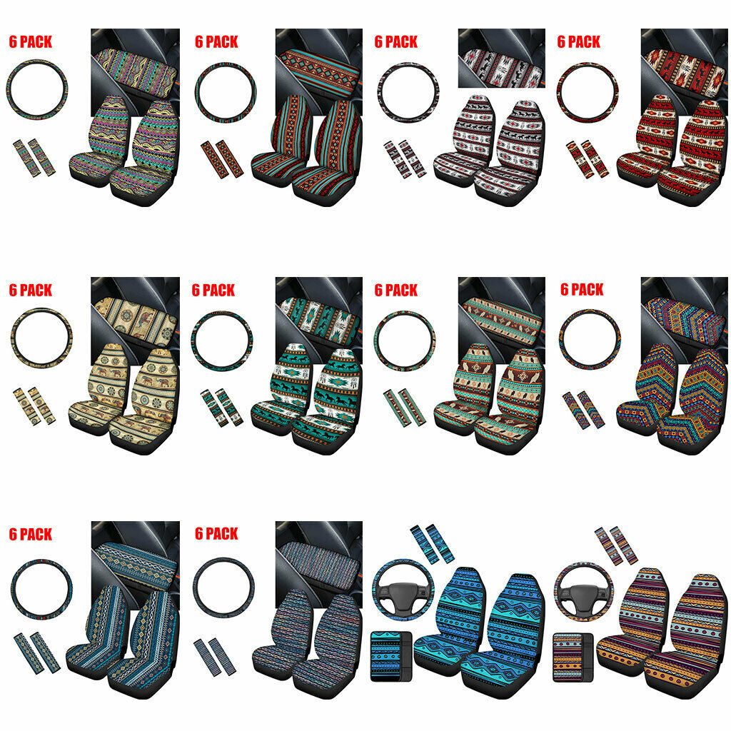 Boho Aztec Full Set Car Seat Covers+Steering Wheel Cover+Seat Belt+Armrest 6Pack