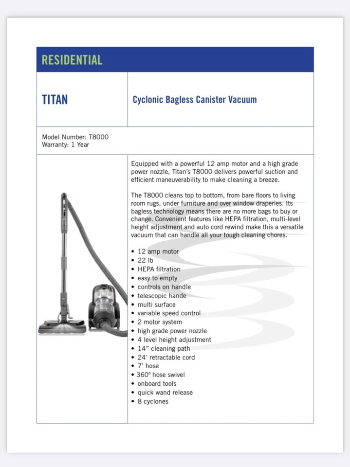 Titan Cyclonic Bagless Canister Vacuum with Power Nozzle T8000 - Image 2 of 2