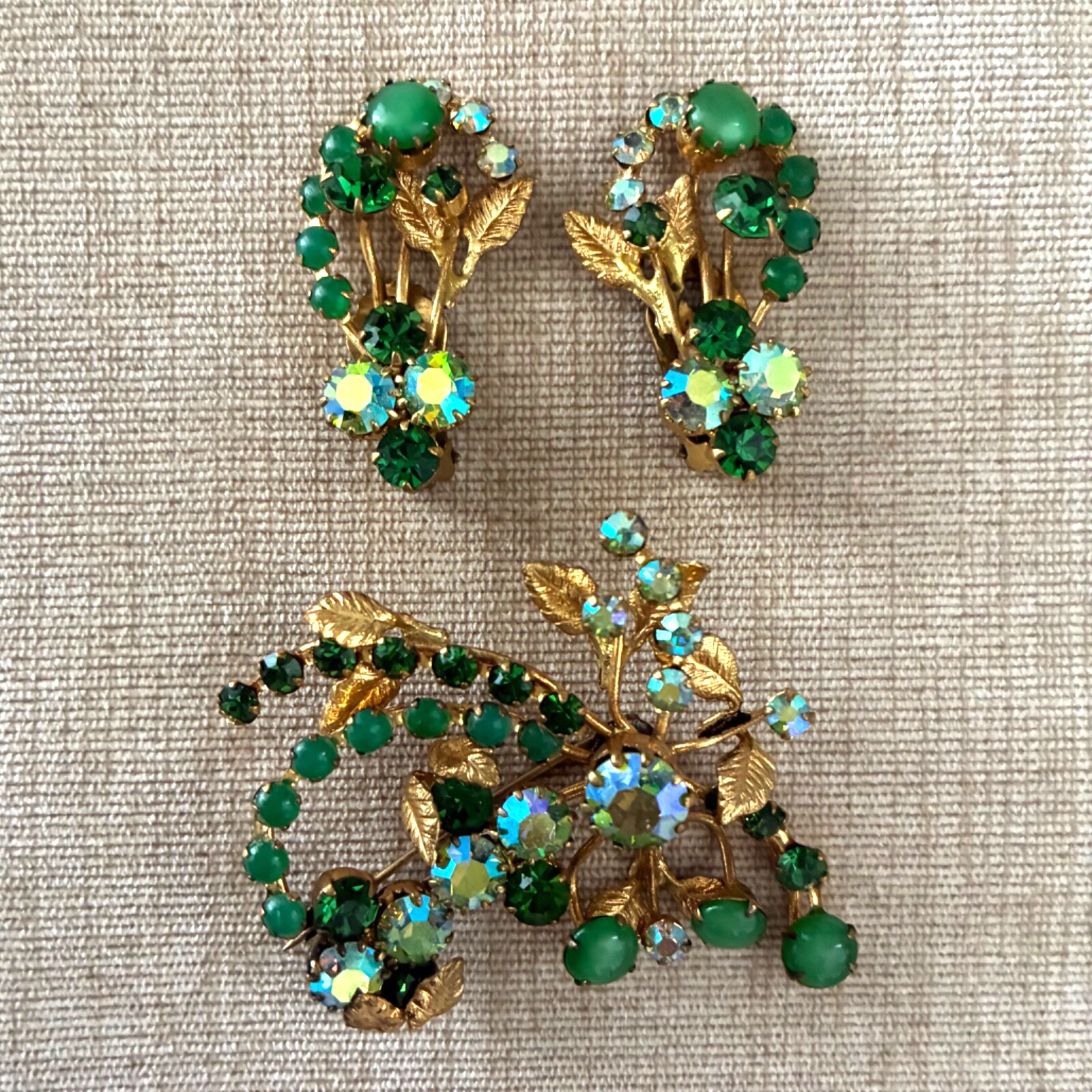 Vintage Austria Green Crystal Brooch and Clip-On Earrings Set