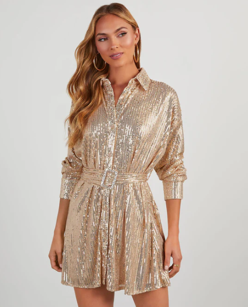Brady Belted Sequin Mini Shirt Dress | VICI Gold Medium | Brand New NWT