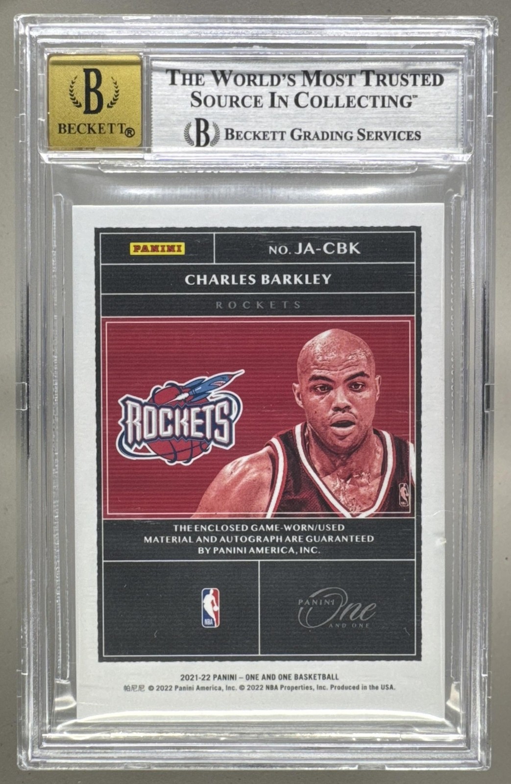 Charles Barkley 2021 Panini One and One Gold Jersey Patch Auto 7/10 BGS 9/10 view 2