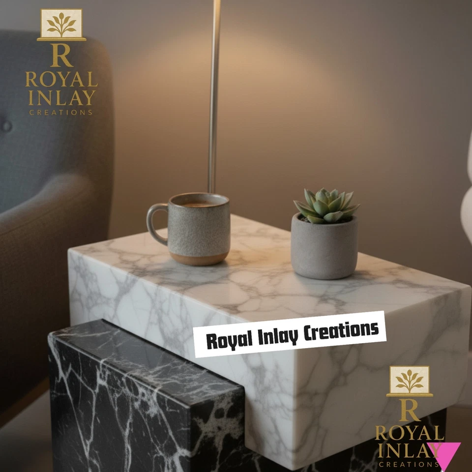 Serene & Modern Marble Side Table - Calacatta & Black Marble End Table - Image 4 of 4