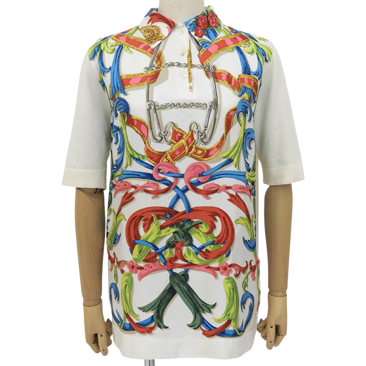 Hermes HERMES Polo Shirt Pullover Collar H Logo Button Vintage Twill Silk White