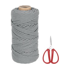 Braided Macrame Cord, 4mm x 109 Yards Cotton Rope with Scissors Light Grey