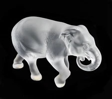 Lalique France Frosted Crystal Glass Java Elephant Trunk Down Sculpture Signed