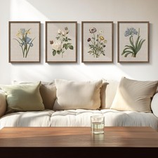 Framed Vintage Botanical Wall Art, 4 Piece Rustic Floral Painting Canvas Prin...