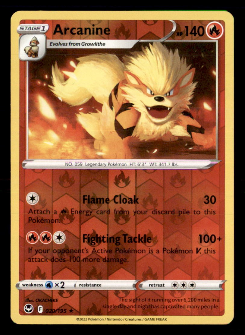 Arcanine 020/195 Rare Silver Tempest Pokemon Reverse Holo Near Mint