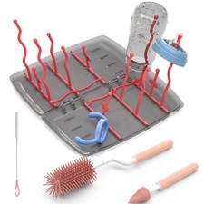 Travel Baby Bottle Drying Rack with Brush,Nipple Brush,Straw Pink