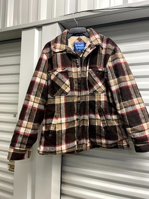 Northern Summit Sherpa Lined Plaid Wool Mens Jacket Coat Brown Red XL 48x28