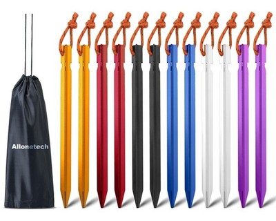 Heavy Duty Aluminum Tent Stakes 12 Pack - Lightweight, Non-Rust, Multi-Color