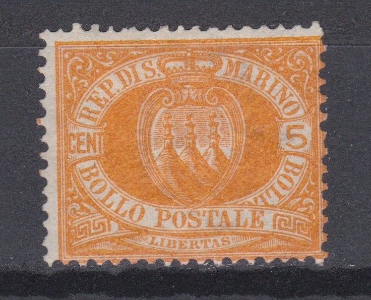 San Marino 5c orange (1890) mint hinged, Scott #4, cat $180