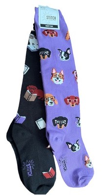 2 Pair Sock It To Me Knee High Socks  Smarty Paws Dog Print Reading Dogs Sz 5-10