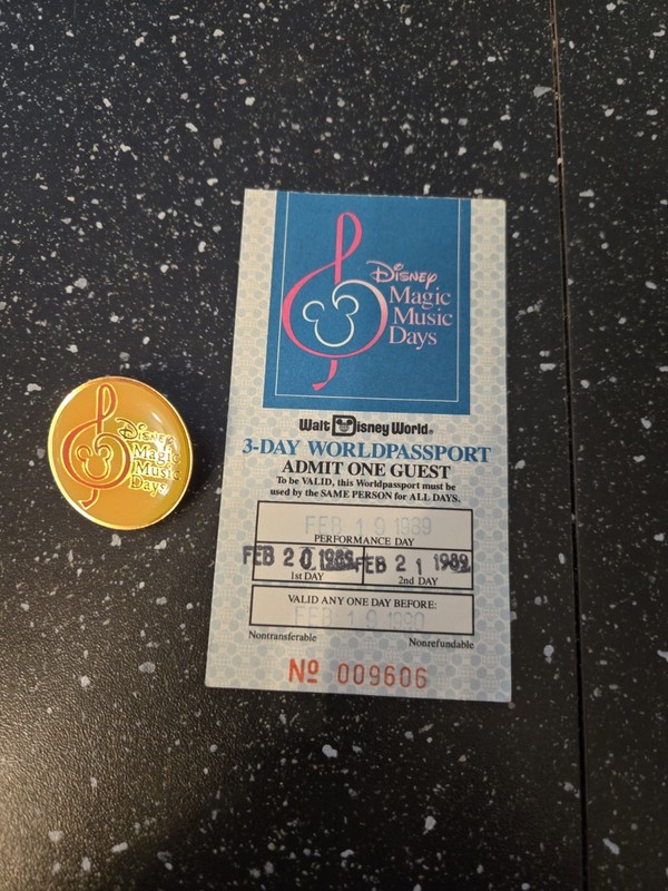 Disney Magic Music Days Pin and Admission Ticket From 1989.