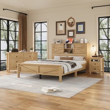 Queen Farmhouse Storage Bedroom Set w/ Headboard Charging Station & Dresser