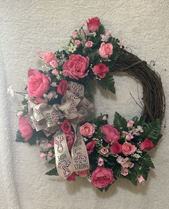 Pink Rose Artificial Wreath 16 in Door Decoration for Breast Cancer Awareness