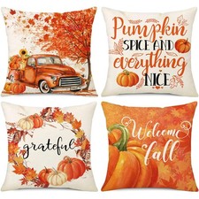 Fall Pillow Covers 18x18 Set of 4 Maple Leaf Pumpkin Truck Thanksgiving Decor...