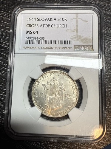 Slovakia 1944 10 Korun Czech White ChBU Silver Coin Cross A Top Church NGC MS64