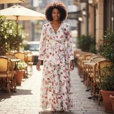 XTaren Womens Dress Plus 2X White Pink Floral Sheer Flowy Chiffon Maxi Beachy