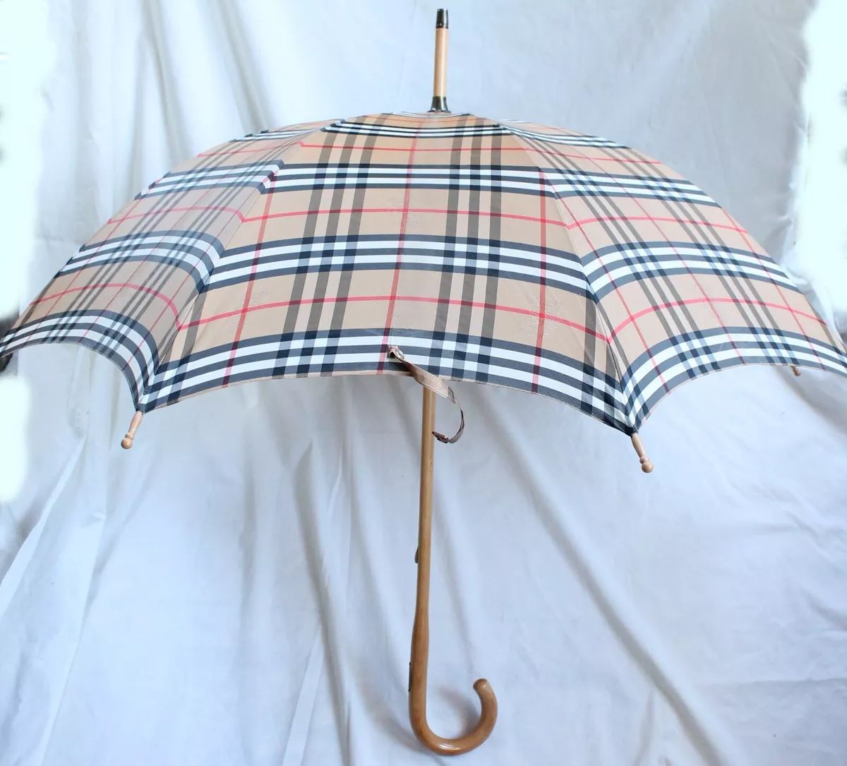 Vintage Burberry Nova Check Wood Shaft Umbrella with Wood Handle